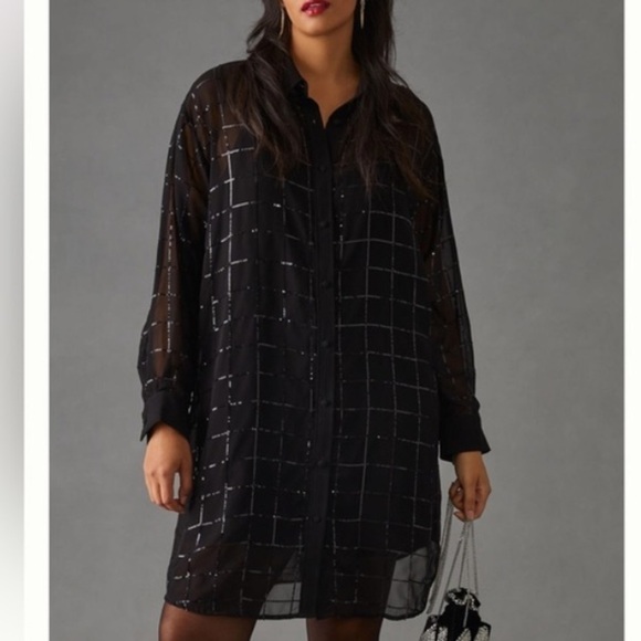 Anthropologie Dresses & Skirts - Rdalamal x Anthropologie Black Sheer Sequin Shirt Dress XXS Oversized Festival